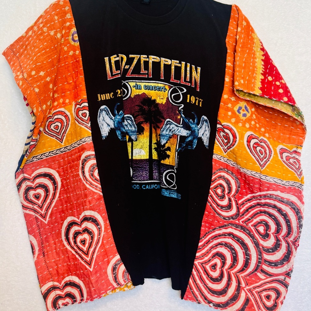 Led Zeppelin Graphic T-Shirt Festival Poncho with Colorful Patchwork Kantha.